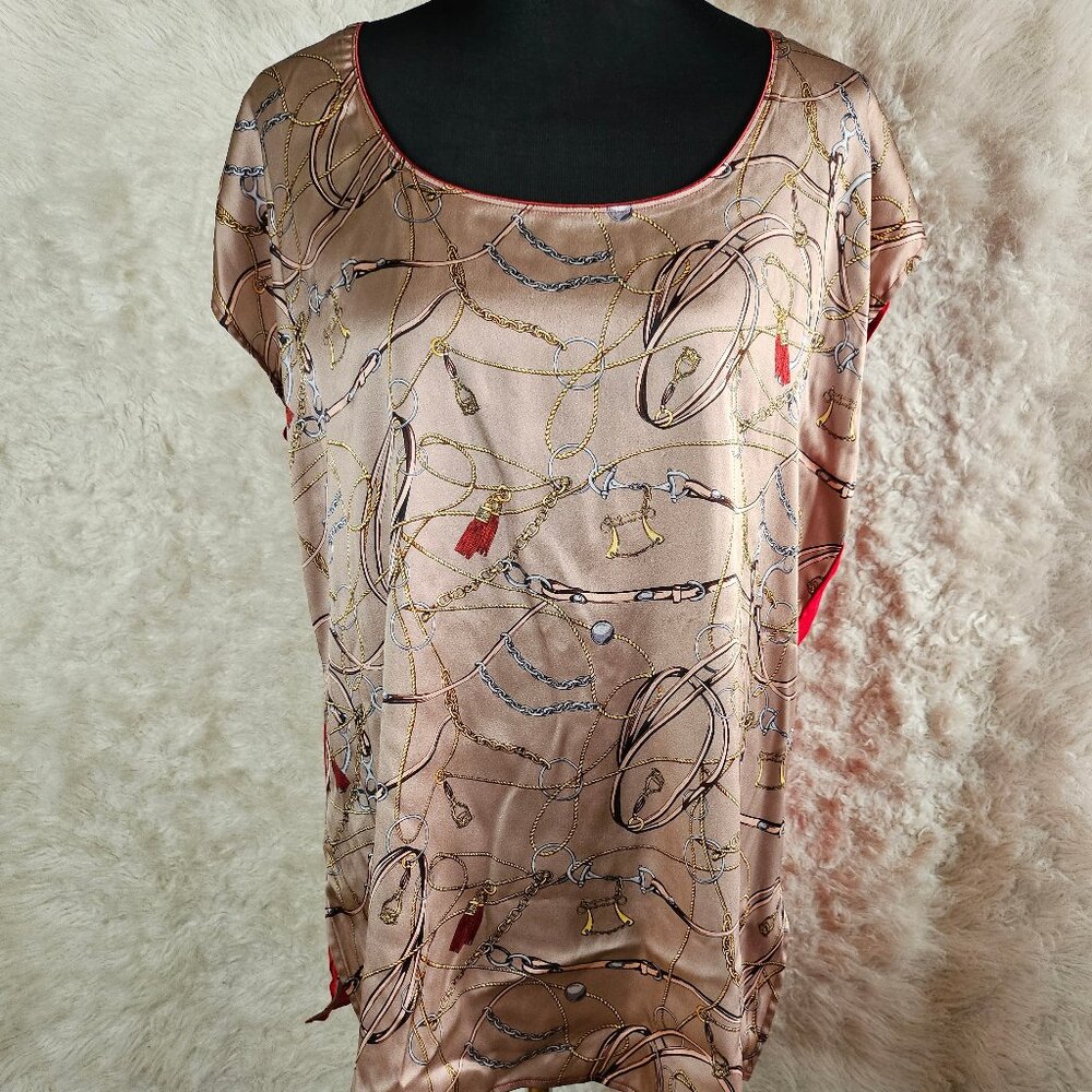 Lise Charmel Women's Silk Blend Chain and Belt Print Red Back Blouse Top Size XL